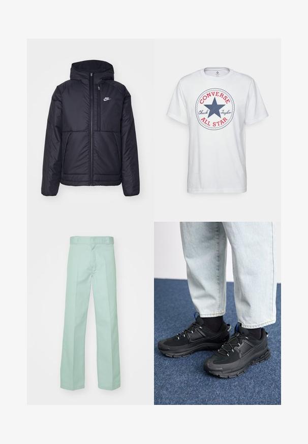 Čierna, polstrovaná bunda Nike so zipsom vpredu a kapucňou. Na ľavej strane hrude sa nachádza biele logo a sú tu dva predné vrecká. Hladký vonkajší povrch.; Biela bavlnená tričko s okrúhlym grafickým motívom obsahujúcim modrú hviezdu, červený nápis "CONVERSE" a text "Chuck Taylor ALL STAR". Krátke rukávy, voľný strih.; Svetlozelené nohavice vyrobené z bavlny so strihom rovného nohu, s hladkou textúrou a klasickým pásom s pútkami na opasok.; Čierne športové topánky s textúrovanou tkaninou a gumovou podrážkou, so elastickými šnúrkami a modrým akcentom na päte. Nosia sa s svetlými riflami.