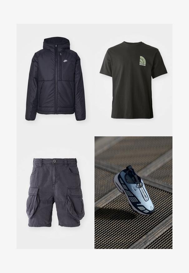 Črna, podložena Nike jakna z sprednjim zadrgo in kapuco. Ima bel logo na levem prsnem delu in dvojna sprednja žepa. Gladka zunanja tekstura.; Črna kratka majica s kratkimi rokavi in krožnim izrezom, z majhnim zelenim in belim četrt krožnim logotipom ter napisom "The North Face" na levem prsnem delu.; Kratke hlače iz temno sive bombaža, s klasičnim krojem, več stranskimi žepi in sprednjim gumbnim zapiranjem. Gladka tekstura.; Nike superge imajo zasnovo za enostavno obuvanje z svetlo modrim zgornjim delom, črnimi akcenti in perforiranimi stranskimi ploščami. Imajo okroglo konico in teksturiran podplat.