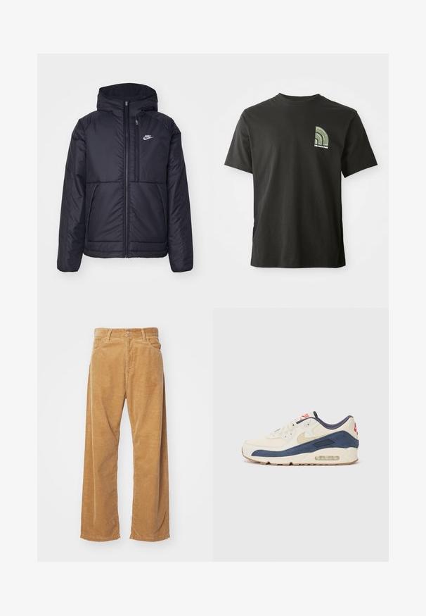 Sort, polstret Nike-jakke med frontlynlås og hætte. Har et hvidt logo på venstre bryst og to frontlommer. Glat ydre tekstur.; Sort kortærmet T-shirt med rund hals, der har et lille grønt og hvidt kvart- cirkel logo samt teksten "The North Face" på venstre bryst.; Bredde corduroybukser i en tan farve. Har teksturerede, vertikale ribber, en standard talje og to frontlommer.; Sneakers med en overdel i cremefarvet læder og marineblå ruskind, med en synlig luftsål, beige gummisål og røde detaljer på hælen.