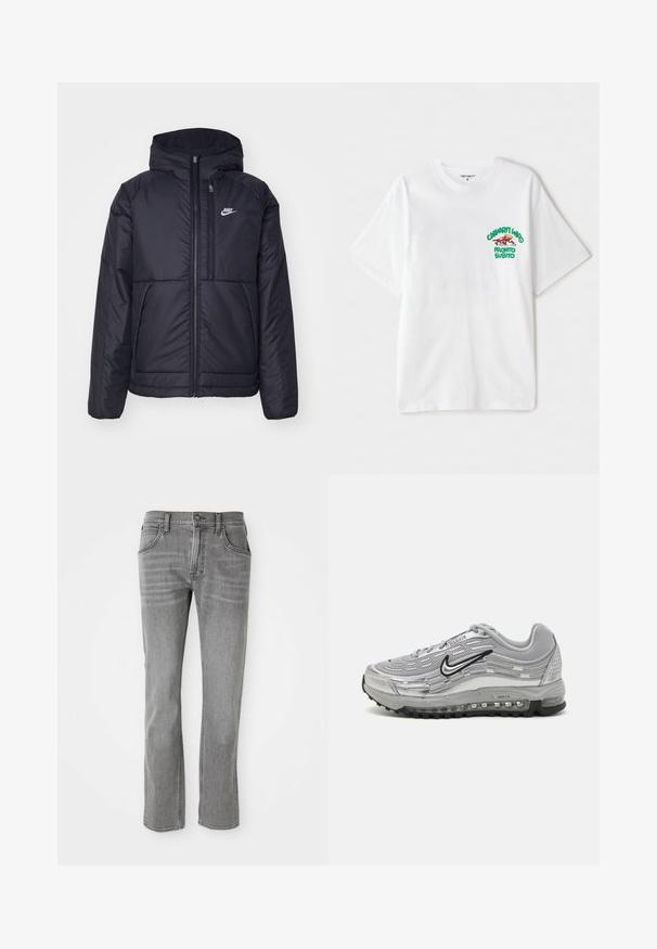 Svart, polstret Nike-jakke med frontglidelås og hette. Har en hvit logo på venstre bryst og doble frontlommer. Glatt ytterside.; Hvit bomull t-skjorte med grønn og rød grafikk tekst på venstre bryst som leser "cashart Who Pronto Subito." Korte ermer.; Grå denimjeans med rett ben-design, fem lommer og subtil falming. Har en metallknapp-lukking og beltestropper.; Grå Nike Air Max sneakers med øvre del i mesh og syntetisk materiale, bølgelignende design, svarte detaljer og en synlig luftdemping enhet.