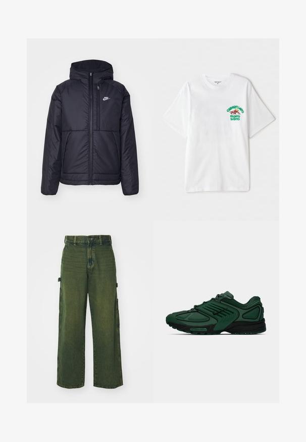 Melna, pufota Nike jaka ar priekšējo rāvējslēdzēju un kapuci. Iezīmēta ar baltu logotipu uz kreisās krūtis un divām priekšējām kabatām. Gluda ārējā tekstūra.; Balts kokvilnas T-krekls ar zaļu un sarkanu grafiku kreisajā krūtī, kas lasāms "cashart Who Pronto Subito." Īsas piedurknes.; Zaļi denima kravas bikses ar platām kājām, ar sānu kabatām, izbalinātu tekstūru un klasisku pogu un rāvējslēdzēju aizdari.; Tumši zaļš Nike skriešanas apavu pāris ar melniem akcentiem, tīkla augšdaļu, šņorēm un pilna garuma Nike Air zoli uz balta fona.