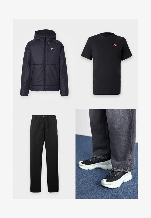Black, padded Nike jacket with a front zipper and hood. Features a white logo on the left chest and dual front pockets. Smooth exterior texture.; Black cotton t-shirt with a round neckline and short sleeves. Features a pink Nike logo on the upper left side. Smooth texture.; Black sweatpants made of fleece, featuring an elastic waistband with drawstrings, two front pockets, and a small logo on the thigh.; Black athletic shoes with a textured fabric upper, white midsole, black laces, and rubber outsole, paired with gray wide-leg jeans.