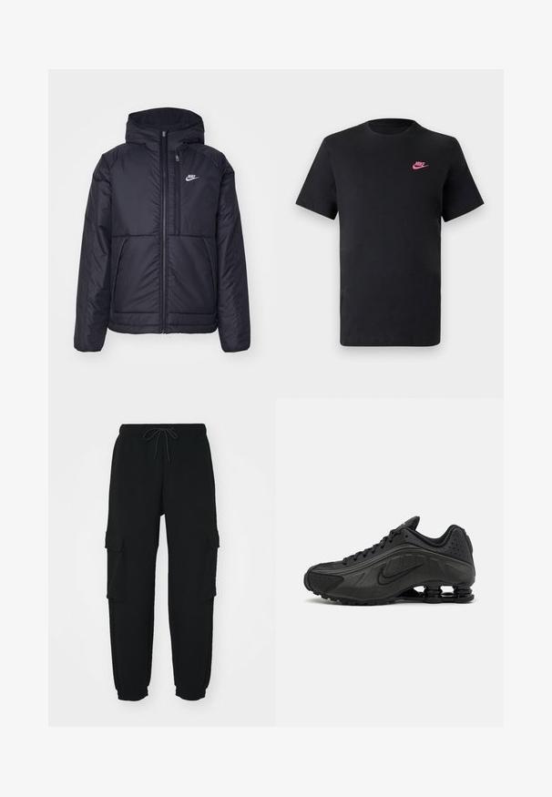 Svart, vadderad Nike-jacka med dragkedja framtill och huva. Har en vit logotyp på vänster bröst och dubbla framfickor. Slät yttextur.; Svart bomullströja med rund halsringning och korta ärmar. Har en rosa Nike-logga på den övre vänstra sidan. Slät textur.; Svarta sweatpants i mjukt material, med två sidofickor i cargo-stil, elastisk midja med dragsko och smalnande muddar.; Svarta löparskor med en slät syntetisk ovandel, perforerade detaljer, texturerade sidopaneler och en distinkt fjädrande sula.