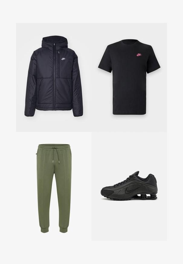 Svart, vadderad Nike-jacka med dragkedja framtill och huva. Har en vit logotyp på vänster bröst och dubbla framfickor. Slät yttextur.; Svart bomullströja med rund halsringning och korta ärmar. Har en rosa Nike-logga på den övre vänstra sidan. Slät textur.; Joggers i olivgrönt tillverkade av mjukt tyg, med dragsko i midjan, sidofickor och ribbade muddar för en åtsittande passform.; Svarta löparskor med en slät syntetisk ovandel, perforerade detaljer, texturerade sidopaneler och en distinkt fjädrande sula.
