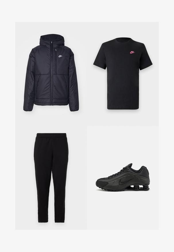 Juodas, paminkštintas Nike džemperis su priekyje užtrauktuku ir gobtuvu. Pasižymi balta logo kairėje krūtinės pusėje ir dviem priekinėmis kišenėmis. Su lygiu išoriniu paviršiumi.; Juodas medvilninis marškinėliai su apvalia apykakle ir trumpomis rankovėmis. Viršutiniame kairiajame kampe yra rožinė Nike logo. Lygus paviršius.; Juodi sportiniai šortai su tiesiu kirpimu, elastingu juosmeniu ir lygiu paviršiumi. Be matomų raštų ar detalčių. Paprastas dizainas.; Juodi bėgimo bateliai su lygiu sintetiniu paviršiumi, perforuotomis detalėmis, tekstūruotais šonų skydeliais ir išskirtiniu elastingu padu.