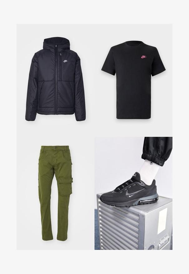 Zwarte, gewatteerde Nike-jas met een voorkant met ritssluiting en capuchon. Kenmerkt zich door een wit logo op de linkerborst en dubbele frontzakken. Gladde buitenkant.; Zwarte katoenen T-shirt met een ronde halslijn en korte mouwen. Bevat een roze Nike-logo aan de bovenkant aan de linkerzijde. Glad textuur.; Olijfgroene cargobroek van katoen, met twee zijzakken en een grote cargozak op het rechterbeen, in een recht model.; Nike Sportswear PULSE - Sneakers laag - black/anthracite