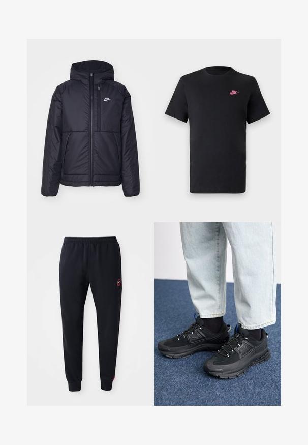 Black, padded Nike jacket with a front zipper and hood. Features a white logo on the left chest and dual front pockets. Smooth exterior texture.; Black cotton t-shirt with a round neckline and short sleeves. Features a pink Nike logo on the upper left side. Smooth texture.; Black sweatpants made of soft fabric, featuring an elastic waistband, red side accents, and a Nike logo on the left thigh.; Black athletic shoes with textured fabric and rubber soles, featuring elastic laces and a blue accent on the heel. Worn with light denim pants.