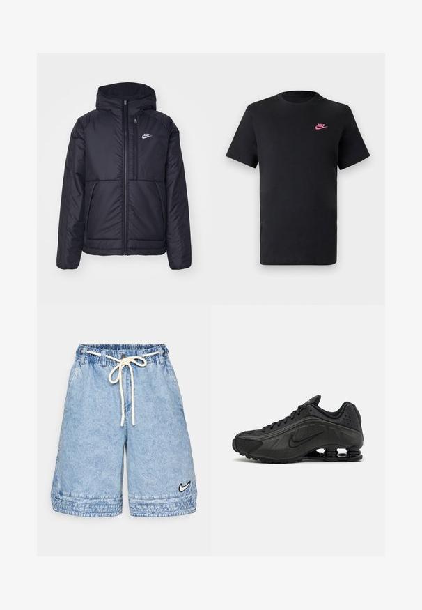 Musta, pehmustettu Nike-takki, jossa on etuvetoketju ja huppu. Vasemmassa rinnassa on valkoinen logo ja takissa on kaksinkertaiset etutaskut. Pintakoe on sileä.; Mustat puuvillapaita, jossa on pyöreä pääntie ja lyhyet hihat. Vasemmalla ylhäällä on vaaleanpunainen Nike-logo. Saumaton pinta.; Vaaleansiniset farkkushortsit, joissa on joustava vyötärö ja nyöri. Niissä on sivutaskut ja pieni musta Nike-logo helman kohdalla.; Mustat juoksukengät, joissa on sileä synteettinen päällinen, rei'itetyt yksityiskohdat, teksturoidut sivupaneelit ja erottuva joustava pohja.