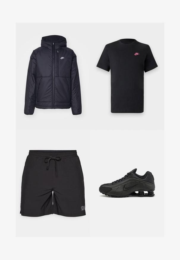 Svart, vadderad Nike-jacka med dragkedja framtill och huva. Har en vit logotyp på vänster bröst och dubbla framfickor. Slät yttextur.; Svart bomullströja med rund halsringning och korta ärmar. Har en rosa Nike-logga på den övre vänstra sidan. Slät textur.; Svarta shorts i mjukt material med elastisk midja och dragsko, samt sidoflikar för bättre rörelsefrihet.; Svarta löparskor med en slät syntetisk ovandel, perforerade detaljer, texturerade sidopaneler och en distinkt fjädrande sula.