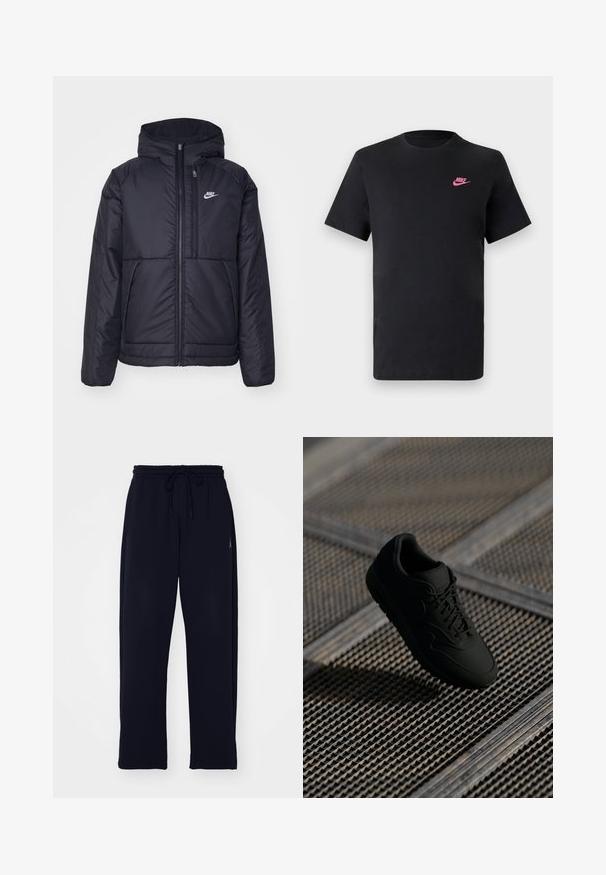 Black, padded Nike jacket with a front zipper and hood. Features a white logo on the left chest and dual front pockets. Smooth exterior texture.; Black cotton t-shirt with a round neckline and short sleeves. Features a pink Nike logo on the upper left side. Smooth texture.; Black sweatpants made from soft fabric. Features an elastic waistband with a drawstring and side pockets. Straight-legged design.; Black sneaker with a smooth texture, round toe, lace-up front, and subtle branding. Displayed against a textured, industrial background.