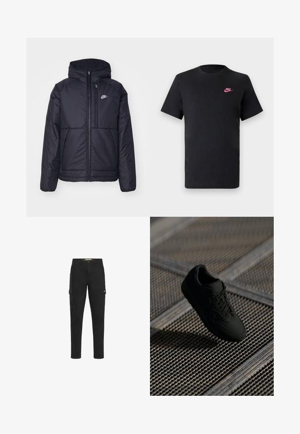 Crna Nike jakna s podstavom, dugmadi sprijeda i kapuljačom. Ima bijeli logotip na lijevoj strani prsnog koša i dva prednja džepa. Glatka vanjska tekstura.; Crna pamučna majica s okruglim izrezom i kratkim rukavima. Ima ružičasti Nike logo na gornjoj lijevoj strani. Glatka tekstura.; Crne cargo hlače sa slim-fit dizajnom, s dva bočna džepa i jednim stražnjim džepom, izrađene od izdržljivog pamučnog materijala.; Crne tenisice s glatkom teksturom, okruglim vrhom, vezanjem sprijeda i suptilnim brendiranjem. Prikazane na teksturiranoj, industrijskoj pozadini.