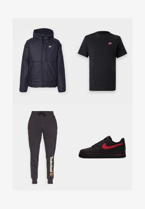 Črna, podložena Nike jakna z sprednjim zadrgo in kapuco. Ima bel logo na levem prsnem delu in dvojna sprednja žepa. Gladka zunanja tekstura.; Črna bombažna majica s krožnim izrezom in kratkimi rokavi. Ima rožnato Nike logo na zgornji levi strani. Gladka tekstura.; Črne trenirke iz mehkega materiala, opremljene z elastičnim pasom z vrvico, zoženimi hlačnicami in natisnjeno "Timberland" logotipom v svetlo bež barvi.; Črne usnjene Nike Air Force 1 športne copate z rdečimi dodatki, ki se ponašajo z gladko teksturo, perforiranim prstnim delom in kontrastnimi rdečimi šivi.