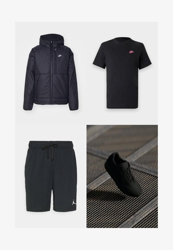 Melna, pufota Nike jaka ar priekšējo rāvējslēdzēju un kapuci. Iezīmēta ar baltu logotipu uz kreisās krūtis un divām priekšējām kabatām. Gluda ārējā tekstūra.; Melnas kokvilnas T-krekls ar apaļu kaklu un īsām piedurknēm. Uz augšējās kreisās puses ir rozā Nike logo. Gluda tekstūra.; Melni sporta šorti, kas izgatavoti no perforētas auduma, ar elastīgu jostasvītru un auklu. Uz apakšējās kreisās puses ir balts logo.; Melni sporta apavi ar gludu tekstūru, noapaļotu purngalu, sasienamu priekšpusi un smalku zīmola atpazīstamību. Rādīti uz teksturēta, industriāla fona.