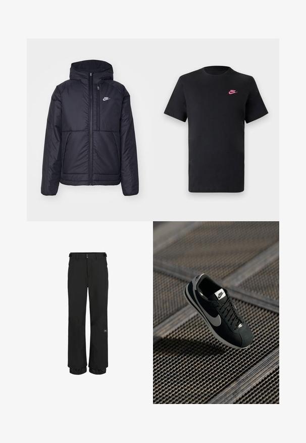 Crna Nike jakna s podstavom, dugmadi sprijeda i kapuljačom. Ima bijeli logotip na lijevoj strani prsnog koša i dva prednja džepa. Glatka vanjska tekstura.; Crna pamučna majica s okruglim izrezom i kratkim rukavima. Ima ružičasti Nike logo na gornjoj lijevoj strani. Glatka tekstura.; Crne skijaške hlače od vodootpornog materijala s opuštenim krojem. Značajke uključuju džepove na patentni zatvarač i podesive manžete za sigurno prianjanje.; Crna Nike tenisica s sivim akcentima, materijali od suède i mrežice, teksturirana potplata, uski oblik i klasični vezivanje.