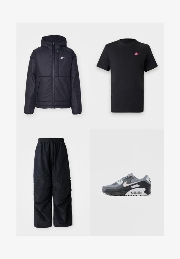 Fekete, párnázott Nike dzseki elülső cipzárral és kapucnival. A bal mellen fehér logó található, valamint két elülső zseb. Simának tűnő külső felület.; Fekete pamut póló kerek nyakkivágással és rövid ujjakkal. Bal felső oldalon rózsaszín Nike logóval. Sima textúra.; Fekete, könnyű nátron anyagú cargo nadrág, elasztikus derékpánttal, állítható húzózsinórral és több rétegű zsebekkel a lábakon.; Szürke tornacipő hálós és hasított bőr anyagok keverékével, fekete talppal és látható légpárnával. Jellegzetes világosszürke részletek és fűzők.