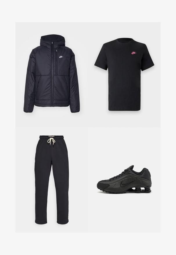 Black, padded Nike jacket with a front zipper and hood. Features a white logo on the left chest and dual front pockets. Smooth exterior texture.; Black cotton t-shirt with a round neckline and short sleeves. Features a pink Nike logo on the upper left side. Smooth texture.; Dark gray sweatpants made of cotton blend, featuring an elastic waistband with beige drawstring and fitted cuffs at the ankles.; Black running shoes featuring a smooth synthetic upper, perforated accents, textured side panels, and a distinct springy sole.
