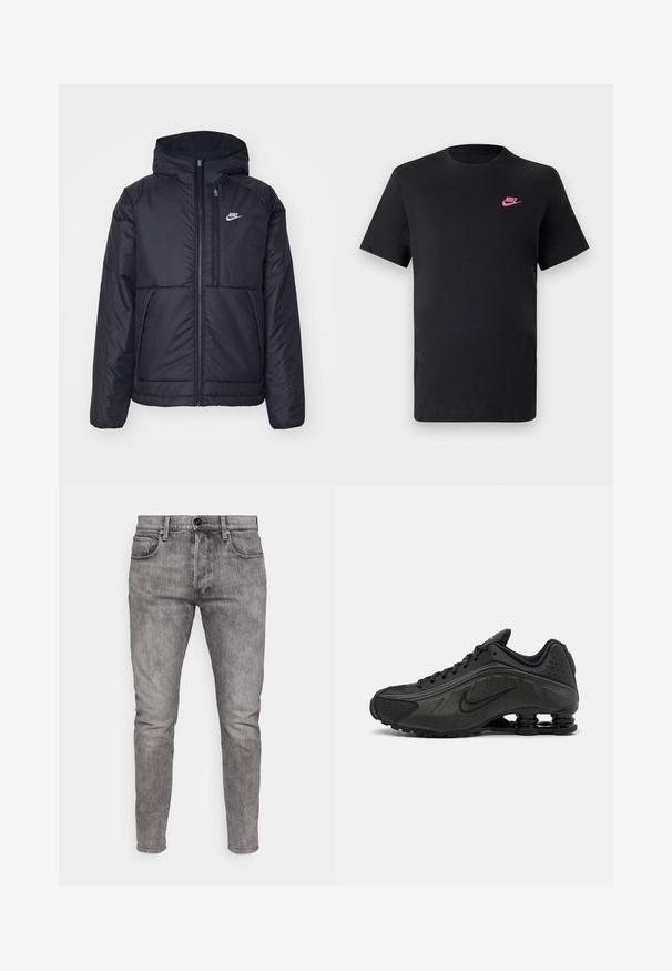 Casaco Nike preto, acolchoado, com fecho à frente e capuz. Apresenta um logo branco no lado esquerdo do peito e dois bolsos frontais. Textura exterior lisa.; T-shirt de algodão preto com decote redondo e mangas curtas. Apresenta um logótipo da Nike rosa no lado superior esquerdo. Textura suave.; Jeans de denim cinzas com um corte slim, apresentando bolsos frontais, fecho de botão de metal e desbotamento subtil por todo o tecido.; Ténis de corrida pretos com um upper sintético suave, acentos perfurados, painéis laterais texturizados e uma sola distinta e elástica.