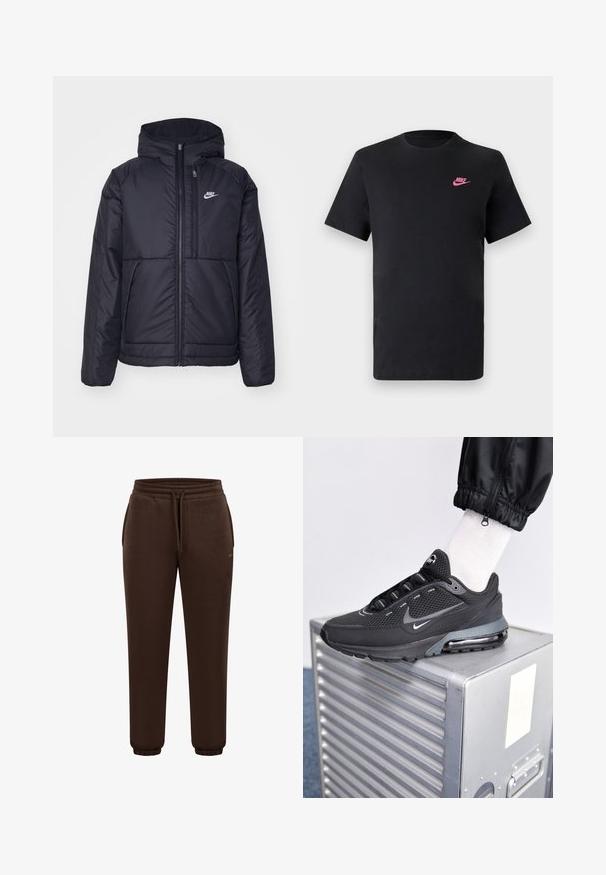 Zwarte, gewatteerde Nike-jas met een voorkant met ritssluiting en capuchon. Kenmerkt zich door een wit logo op de linkerborst en dubbele frontzakken. Gladde buitenkant.; Zwarte katoenen T-shirt met een ronde halslijn en korte mouwen. Bevat een roze Nike-logo aan de bovenkant aan de linkerzijde. Glad textuur.; Bruine joggingbroek met een elastische tailleband en trekkoord, voorzien van zijzakken en elastische boorden bij de enkels. Zachte stoftextuur.; Nike Sportswear PULSE - Sneakers laag - black/anthracite