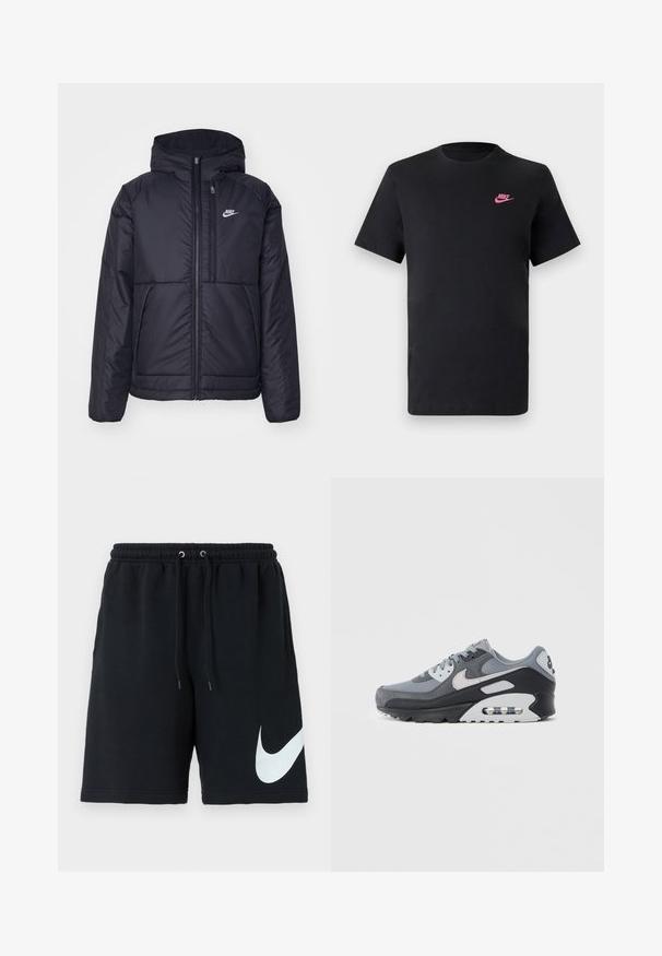 Fekete, párnázott Nike dzseki elülső cipzárral és kapucnival. A bal mellen fehér logó található, valamint két elülső zseb. Simának tűnő külső felület.; Fekete pamut póló kerek nyakkivágással és rövid ujjakkal. Bal felső oldalon rózsaszín Nike logóval. Sima textúra.; Fekete pamut rövidnadrág, elasztikus derékkal, zsinórral, oldalsó zsebbel és nagy fehér Nike logóval a bal oldalon.; Szürke tornacipő hálós és hasított bőr anyagok keverékével, fekete talppal és látható légpárnával. Jellegzetes világosszürke részletek és fűzők.