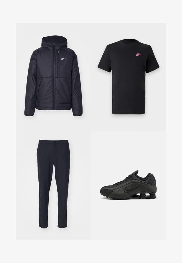 Jachetă Nike neagră, căptușită, cu fermoar pe față și glugă. Prezintă un logo alb pe pieptul stâng și două buzunare frontale. Textură exterioară netedă.; Tricou din bumbac negru cu decolteu rotund și mâneci scurte. Are un logo Nike roz în partea stângă sus. Textură netedă.; Pantaloni tailored de culoare bleumarin, confecționați dintr-un material neted; dispune de închidere cu nasture, curea, și buzunare laterale; design slim fit.; Pantofi de alergare negri, cu o parte superioară netedă din material sintetic, accente perforate, panouri laterale texturate și o talpă distinctivă și elastică.