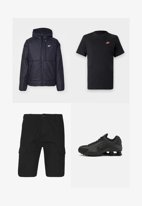 Black, padded Nike jacket with a front zipper and hood. Features a white logo on the left chest and dual front pockets. Smooth exterior texture.; Black cotton t-shirt with a round neckline and short sleeves. Features a pink Nike logo on the upper left side. Smooth texture.; Black cargo shorts with a straight cut, featuring two side pockets, contrasting stitching, and a button closure at the waist.; Black running shoes featuring a smooth synthetic upper, perforated accents, textured side panels, and a distinct springy sole.