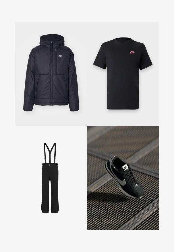 Zwarte, gewatteerde Nike-jas met een voorkant met ritssluiting en capuchon. Kenmerkt zich door een wit logo op de linkerborst en dubbele frontzakken. Gladde buitenkant.; Zwarte katoenen T-shirt met een ronde halslijn en korte mouwen. Bevat een roze Nike-logo aan de bovenkant aan de linkerzijde. Glad textuur.; Zwarte sneeuwbroeken met verstelbare bretels, voorritssluiting, zijrits zakken en elastische manchetten aan de zoom voor een stevige pasvorm.; Zwarte Nike sneakers met grijze accenten, gemaakt van suede en mesh materialen, met een gestructureerde zool, een smalle vorm en een klassiek vetersluitingssysteem.