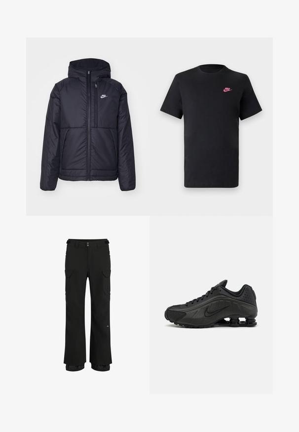 Crna Nike jakna s podstavom, dugmadi sprijeda i kapuljačom. Ima bijeli logotip na lijevoj strani prsnog koša i dva prednja džepa. Glatka vanjska tekstura.; Crna pamučna majica s okruglim izrezom i kratkim rukavima. Ima ružičasti Nike logo na gornjoj lijevoj strani. Glatka tekstura.; Crne cargo hlače s opuštenim krojem, višestrukim bočnim džepovima, podesivim pojasom i vodootpornim materijalom za vanjsku upotrebu.; Crne trkačke cipele s glatkim sintetičkim gornjim dijelom, perforiranim detaljima, teksturiranim bočnim panelima i karakterističnim elastičnim potplatom.