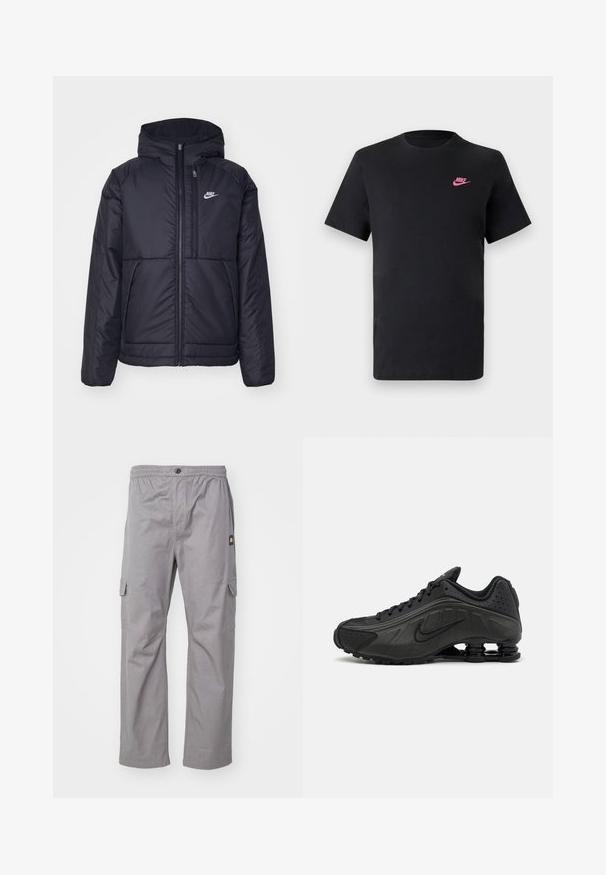 Zwarte, gewatteerde Nike-jas met een voorkant met ritssluiting en capuchon. Kenmerkt zich door een wit logo op de linkerborst en dubbele frontzakken. Gladde buitenkant.; Zwarte katoenen T-shirt met een ronde halslijn en korte mouwen. Bevat een roze Nike-logo aan de bovenkant aan de linkerzijde. Glad textuur.; Grijze cargobroek met een elastische taille, knoopsluiting, twee zijzakken en een klein logotag aan de linkerkant. Zachte stof en rechte pasvorm.; Zwarte hardloopschoenen met een glad bovenwerk van synthetisch materiaal, geperforeerde accenten, gestructureerde zijpanelen en een opvallende veerkrachtige zool.