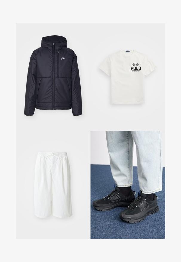 Melna, pufota Nike jaka ar priekšējo rāvējslēdzēju un kapuci. Iezīmēta ar baltu logotipu uz kreisās krūtis un divām priekšējām kabatām. Gluda ārējā tekstūra.; Balts kokvilnas T-krekls ar apaļu kakla izgriezumu, kas rotāts ar melnu "Polo Motorsport" logotipu un krusteniskām šaha karogi uz kreisā krūts.; Bianchi šorti ar elastīgu jostu un auklu, izlikti uz vienkārša, gaiša fona. Piemēroti ikdienai vai siltam laikam.; Melni sporta apavi ar strukturētu audumu un gumijas zoli, ar elastīgām auklām un zilu akcentu uz papēža. Nēsāti ar gaišām džinsu biksēm.