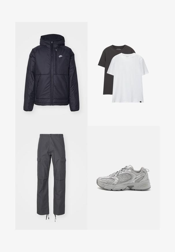 Čierna, polstrovaná bunda Nike so zipsom vpredu a kapucňou. Na ľavej strane hrude sa nachádza biele logo a sú tu dva predné vrecká. Hladký vonkajší povrch.; Dve tričká so štandardným strihom: jedno čierne a jedno biele, vyrobené z mäkkej bavlny. Každé má okrúhly výstrih a krátke rukávy bez vzorov.; Carhartt WIP AVIATION PANT - Kapsáče - graphite rinsed; Strieborná športová obuv so štíhlym dizajnom, sieťovanými panelmi, polstrovaným jazykom, textúrovaným syntetickým zvrškom a gumovou podrážkou pre trakciu.