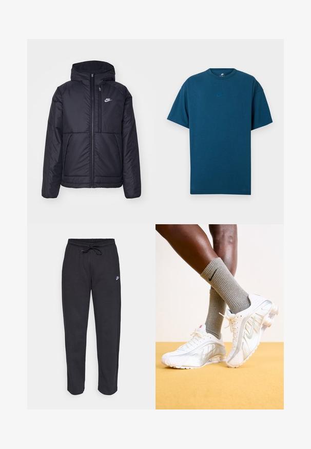 Czarna, pikowana kurtka Nike z przednim zamkiem błyskawicznym i kapturem. Posiada białe logo po lewej stronie klatki piersiowej oraz podwójne kieszenie z przodu. Gładka struktura zewnętrzna.; Niebieska bawełniana koszulka z krótkim rękawem, okrągłym dekoltem i małym, jasnoniebieskim logo Nike na piersi. Miękka tekstura, luźny krój.; Czarne dresy wykonane z miękkiego materiału, z elastycznym pasem, sznurkiem do ściągania i małym logo Nike na lewej udzie.; Białe sneakersy Nike z srebrnymi akcentami, z teksturowanymi panelami i perforacjami. Połączone z szarymi skarpetami o prążkowanej strukturze, na żółtym tle.