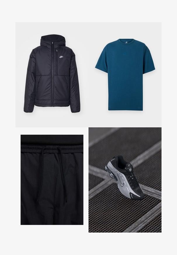 Black, padded Nike jacket with a front zipper and hood. Features a white logo on the left chest and dual front pockets. Smooth exterior texture.; Blue cotton T-shirt featuring short sleeves, a crew neckline, and a small, light blue Nike logo on the chest. Soft texture, relaxed fit.; Black shorts featuring a drawstring waistband, lightweight fabric with a smooth texture, and a simple design without visible logos or patterns.; Nike athletic shoe featuring a black and silver design. Made of synthetic material with mesh accents and a supportive sole with visible air cushioning.