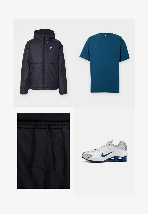 Svart, polstret Nike-jakke med frontglidelås og hette. Har en hvit logo på venstre bryst og doble frontlommer. Glatt ytterside.; Blå bomull T-skjorte med korte ermer, rund hals, og en liten, lys blå Nike-logo på brystet. Myk tekstur, avslappet passform.; Sorte shorts med snor i livet, lett stoff med en jevn tekstur, og et enkelt design uten synlige logoer eller mønstre.; Nike løpesko med en hvit og grå overdel, blå aksenter, perforerte detaljer, en polstret såle, og et karakteristisk Shox fjærsystem.