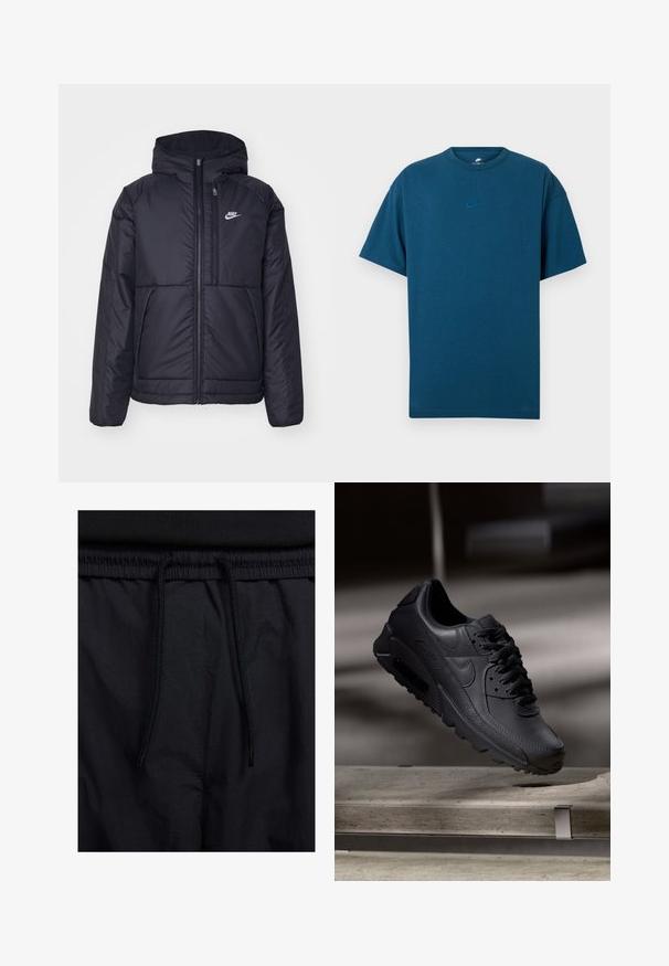 Svart, polstret Nike-jakke med frontglidelås og hette. Har en hvit logo på venstre bryst og doble frontlommer. Glatt ytterside.; Blå bomull T-skjorte med korte ermer, rund hals, og en liten, lys blå Nike-logo på brystet. Myk tekstur, avslappet passform.; Sorte shorts med snor i livet, lett stoff med en jevn tekstur, og et enkelt design uten synlige logoer eller mønstre.; Sorte Nike Air Max joggesko med en teksturert skinnoverdel, gummisåle og fremtredende snøresystem, som viser en strømlinjeformet, moderne design.