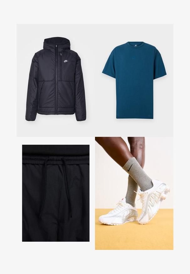 Crna Nike jakna s podstavom, dugmadi sprijeda i kapuljačom. Ima bijeli logotip na lijevoj strani prsnog koša i dva prednja džepa. Glatka vanjska tekstura.; Plava pamučna majica s kratkim rukavima, okruglim izrezom i malim, svijetloplavim Nike logotipom na prsima. Mekana tekstura, opušteni kroj.; Crne kratke hlače s pojasom na vezanje, lagani materijal s glatkom teksturom i jednostavan dizajn bez vidljivih logotipa ili uzoraka.; Nike tenisice u bijeloj boji sa srebrnim akcentima, s teksturiranim panelima i perforacijama. Kombinirane sivoj rebrastim čarapkama, postavljene na žutoj pozadini.