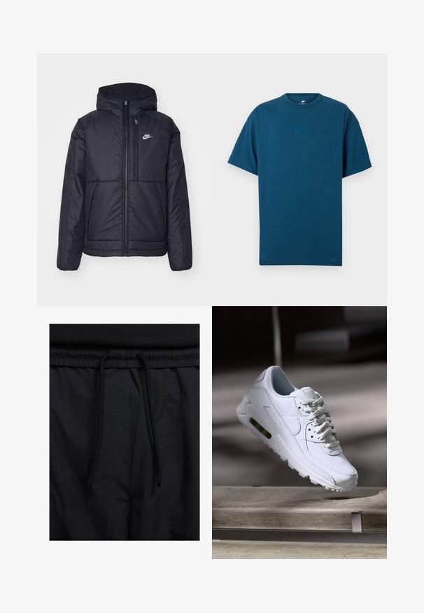Casaco Nike preto, acolchoado, com fecho à frente e capuz. Apresenta um logo branco no lado esquerdo do peito e dois bolsos frontais. Textura exterior lisa.; T-shirt de algodão azul com mangas curtas, decote redondo e um pequeno logo Nike em azul claro no peito. Textura suave, ajuste relaxado.; Calções pretos com um cós elástico ajustável, fabricados em tecido leve com uma textura suave e um design simples, sem logótipos ou padrões visíveis.; Sapatilha branca de couro com superfícies texturizadas, colarinho acolchoado e amortecimento de ar visível na sola. Apresenta atacadores e um design minimalista.