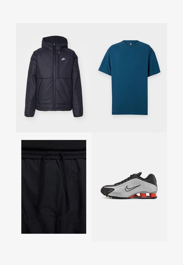 Černá zateplená bunda Nike s předním zipem a kapucí. Na levé straně hrudi má bílé logo a dvojité přední kapsy. Hladký povrch.; Modrá bavlněná tričko s krátkými rukávy, kulatým výstřihem a malým, světle modrým logem Nike na prsou. Měkká textura, volný střih.; Černé šortky s páskem na šňůrku, lehký materiál s hladkou texturou a jednoduchý design bez viditelných log nebo vzorů.; Černá a stříbrná sportovní bota s texturovaným svrškem, výraznými drážkami a červenými prvky odpružení na patě pro podporu. Nízký střih.