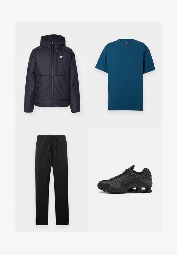Melna, pufota Nike jaka ar priekšējo rāvējslēdzēju un kapuci. Iezīmēta ar baltu logotipu uz kreisās krūtis un divām priekšējām kabatām. Gluda ārējā tekstūra.; Zila kokvilnas T-kreklu ar īsām piedurknēm, apaļu kakla izgriezumu un mazu gaismas zilu Nike logo uz krūtīm. Mīksta tekstūra, brīvas formas.; Melnas sporta bikses, izgatavotas no flīsa, ar elastīgu jostasviedi un auklām, diviem priekšējiem kabatām un nelielu logo uz augšstilba.; Melnas skriešanas ķepas ar gludu sintētisku virsu, perforētiem akcentiem, teksturētām sānu daļām un izteiksmīgu atsperīgu zoli.