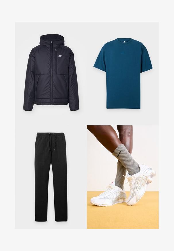 Černá zateplená bunda Nike s předním zipem a kapucí. Na levé straně hrudi má bílé logo a dvojité přední kapsy. Hladký povrch.; Modrá bavlněná tričko s krátkými rukávy, kulatým výstřihem a malým, světle modrým logem Nike na prsou. Měkká textura, volný střih.; Černé teplákové kalhoty vyrobené z fleecu, s elastickým pasem a šňůrkami, dvěma předními kapsami a malým logem na stehně.; Bílé tenisky Nike se stříbrnými akcenty, s texturovanými panely a perforacemi. V kombinaci se šedými žebrovanými ponožkami, na žlutém pozadí.
