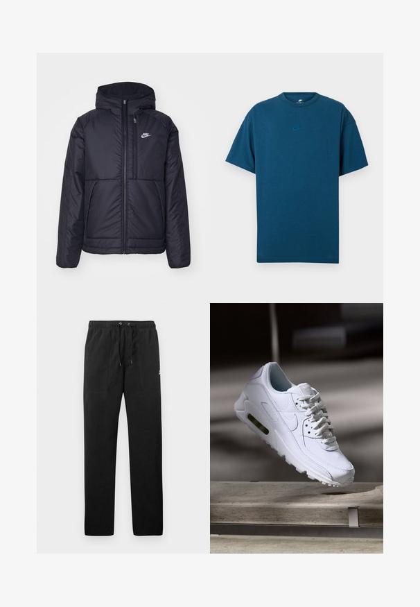 Must musta Nike jope, millel on ees lukuga avamine ja kapuuts. Vasakpoolne rind on kaunistatud valge logoga ning ees on kaks taskut. Sile välimine tekstuur.; Sinine puuvillane T-särk, millel on lühikesed varrukad, ümmargune kaelus ja väike, helesinine Nike logo rinnal. Pehme tekstuur, mugav lõige.; Mustad fliisist sportpüksid, millel on elastne vöö ja paelad, kaks esi-taskut ning väike logo reie peal.; Valge nahast tennisete õhustuskujuga pinnad, pehmendustega krae ja nähtav õhuklapp tallas. Omab paelu ja minimaliseeritud disaini.