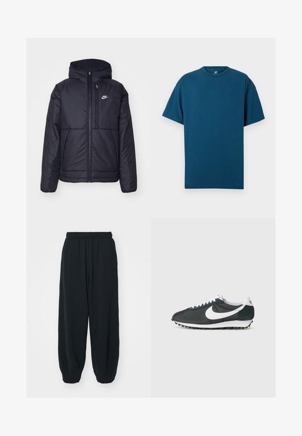 Casaco Nike preto, acolchoado, com fecho à frente e capuz. Apresenta um logo branco no lado esquerdo do peito e dois bolsos frontais. Textura exterior lisa.; T-shirt de algodão azul com mangas curtas, decote redondo e um pequeno logo Nike em azul claro no peito. Textura suave, ajuste relaxado.; Calças de fato de treino pretas, com cintura elástica e um corte solto, com punhos nas pernas, textura suave e sem padrões visíveis ou detalhes de metal.; Sneakers Nike em malha preta com swoosh branco, cordões brancos e detalhes em camurça verde-escuro. Apresenta uma sola em borracha preta texturizada.