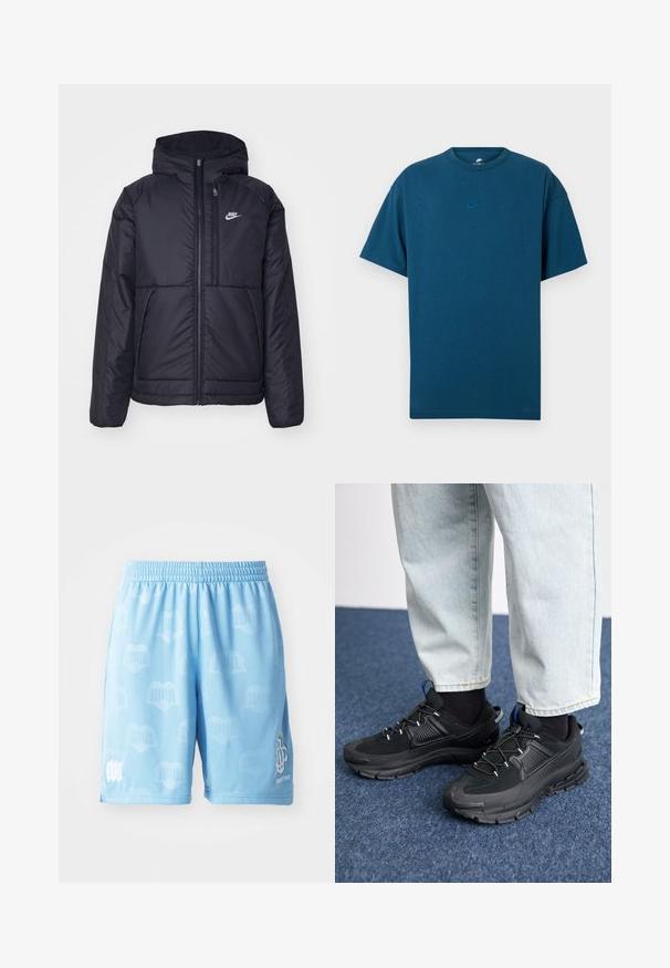 Must musta Nike jope, millel on ees lukuga avamine ja kapuuts. Vasakpoolne rind on kaunistatud valge logoga ning ees on kaks taskut. Sile välimine tekstuur.; Sinine puuvillane T-särk, millel on lühikesed varrukad, ümmargune kaelus ja väike, helesinine Nike logo rinnal. Pehme tekstuur, mugav lõige.; Heled sinised spordilühikesed püksid, mis on valmistatud siledast kangast, millel on peene muster, elastne vöökoht ja trükitud logo aktsendid ühel säärel.; Mustad mustad jooksukingad, millel on tekstureeritud kangas ja kummist tallad, elastsed nöörid ning sinine aksent kandadel. Kandmine heledate teksadega.