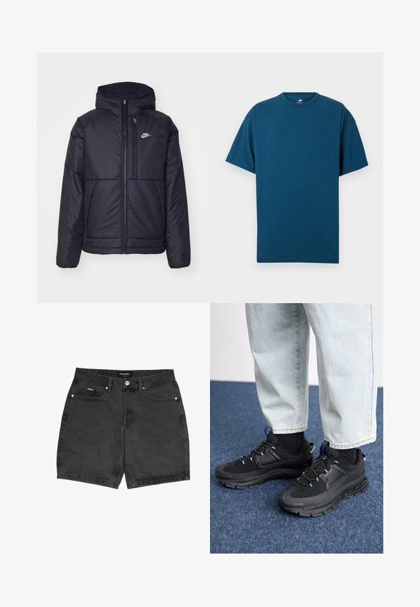 Must musta Nike jope, millel on ees lukuga avamine ja kapuuts. Vasakpoolne rind on kaunistatud valge logoga ning ees on kaks taskut. Sile välimine tekstuur.; Sinine puuvillane T-särk, millel on lühikesed varrukad, ümmargune kaelus ja väike, helesinine Nike logo rinnal. Pehme tekstuur, mugav lõige.; Mustadest denimist lühikesed püksid, sirge lõikega, viie taskuga ja nööpiga kinni. Omab väikeseid õmblusdetailide ja tekstureeritud kangast.; Mustad mustad jooksukingad, millel on tekstureeritud kangas ja kummist tallad, elastsed nöörid ning sinine aksent kandadel. Kandmine heledate teksadega.