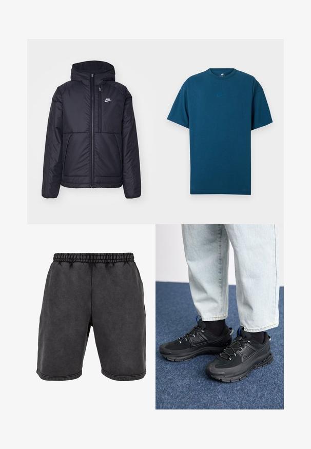 Czarna, pikowana kurtka Nike z przednim zamkiem błyskawicznym i kapturem. Posiada białe logo po lewej stronie klatki piersiowej oraz podwójne kieszenie z przodu. Gładka struktura zewnętrzna.; Niebieska bawełniana koszulka z krótkim rękawem, okrągłym dekoltem i małym, jasnoniebieskim logo Nike na piersi. Miękka tekstura, luźny krój.; Czarne bawełniane szorty z elastycznym paskiem w talii, z bocznymi kieszeniami i dekoracyjnym przeszyciem. Materiał ma miękką, matową teksturę.; Czarne buty sportowe z teksturowanej tkaniny i gumowymi podeszwami, z elastycznymi sznurówkami i niebieskim akcentem na pięcie. Noszone z jasnymi dżinsami.