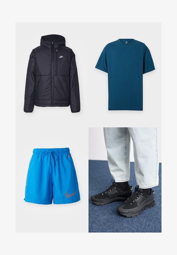Crna Nike jakna s podstavom, dugmadi sprijeda i kapuljačom. Ima bijeli logotip na lijevoj strani prsnog koša i dva prednja džepa. Glatka vanjska tekstura.; Plava pamučna majica s kratkim rukavima, okruglim izrezom i malim, svijetloplavim Nike logotipom na prsima. Mekana tekstura, opušteni kroj.; Plave kratke hlače od lagane tkanine s elastičnim pojasom i vezicom. Imaju printani narančasti Nike logo.; Crne atletske cipele s teksturiranom tkaninom i gumene potplate, s elastičnim vezicama i plavim akcentom na peti. Nosene su s svijetlim trapericama.