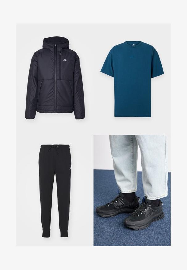 Svart, polstret Nike-jakke med frontglidelås og hette. Har en hvit logo på venstre bryst og doble frontlommer. Glatt ytterside.; Blå bomull T-skjorte med korte ermer, rund hals, og en liten, lys blå Nike-logo på brystet. Myk tekstur, avslappet passform.; Sorte joggebukser laget av en bomullsblanding, med snøring i livet, innsnevrede ben og en liten hvit logo foran.; Svarte sportssko med teksturert stoff og gummisåler, med elastiske lisser og en blå detalj på hælen. Brukt med lyse denimbukser.