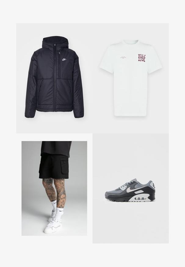 Zwarte, gewatteerde Nike-jas met een voorkant met ritssluiting en capuchon. Kenmerkt zich door een wit logo op de linkerborst en dubbele frontzakken. Gladde buitenkant.; Wit katoenen T-shirt met rode "NIKE"-opdruk en tekst op de linkerborst. Korte mouwen en een ronde hals, gladde textuur.; Zwarte cargoshorts met zijzakken, met een gladde textuur. Gemaakt met witte sportkousen en sneakers. Gedetailleerde tatoeages op de benen.; Grijze sneaker met een mix van mesh en suède materialen, met een zwarte zool en zichtbare luchtunit. Opvallende lichtgrijze accenten en veters.