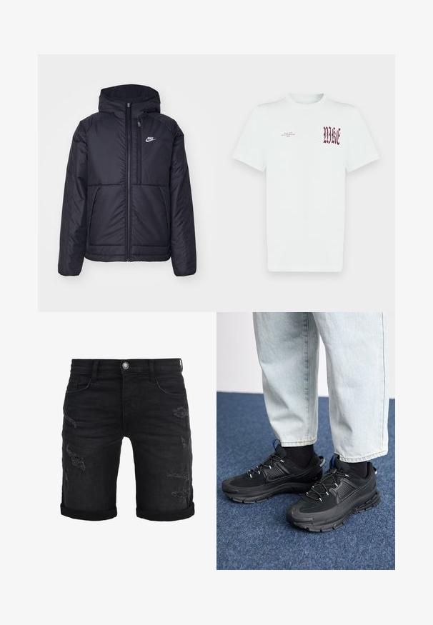Juodas, paminkštintas Nike džemperis su priekyje užtrauktuku ir gobtuvu. Pasižymi balta logo kairėje krūtinės pusėje ir dviem priekinėmis kišenėmis. Su lygiu išoriniu paviršiumi.; Balta medvilninė marškinėlė su raudonu "NIKE" grafiniu piešiniu ir tekstu kairėje krūtinės pusėje. Trumpomis rankovėmis ir apvaliame iškirpte, lygi tekstūra.; Juodi džinsiniai šortai su sulenktais kraštais, kuriuose yra nusidėvėjimo detalės priekyje. Klasikinis penkių kišenių dizainas su metaliniu sagčių uždarymu.; Juodi sportiniai bateliai su tekstūruota medžiaga ir guminiais padais, su elastingomis raišteliais ir mėlynu akcentu ant kulno. Dėvimi su šviesiai mėlynomis džinsinėmis kelnėmis.
