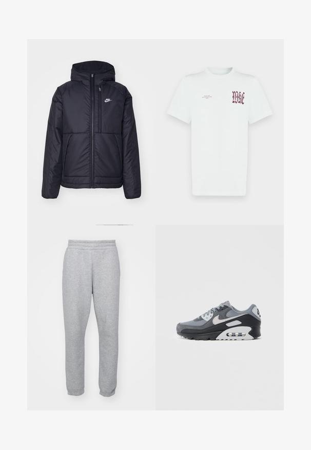 Schwarze, gepolsterte Nike-Jacke mit Frontreißverschluss und Kapuze. Hat ein weißes Logo auf der linken Brust und zwei Fronttaschen. Glattes äußeres Material.; Weißes Baumwoll-T-Shirt mit rotem "NIKE"-Grafik und Schriftzug auf der linken Brustseite. Kurze Ärmel und Rundhalsausschnitt, glatte Textur.; Graue Jogginghosen aus weichem Stoff, mit einem elastischen Bund und engen Bündchen für eine schlanke Form. Keine sichtbaren Taschen.; Grauer Sneaker mit einer Mischung aus Mesh- und Wildledermaterialien, einer schwarzen Sohle und einer sichtbaren Luftkammer. Auffällige hellgraue Akzente und Schnürsenkel.