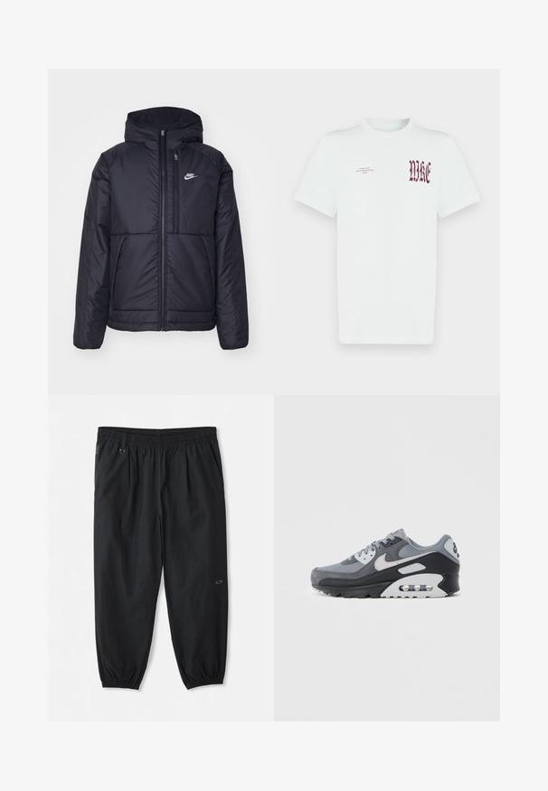 Black, padded Nike jacket with a front zipper and hood. Features a white logo on the left chest and dual front pockets. Smooth exterior texture.; White cotton t-shirt featuring red "NIKE" graphic and text on the left chest. Short sleeves and crew neck design, smooth texture.; Black casual elastic-waist pants with side pockets, ankle elastic cuffs, and a small logo on the right thigh.; Gray sneaker featuring a mix of mesh and suede materials, with a black sole and visible air unit. Notable light gray accents and laces.